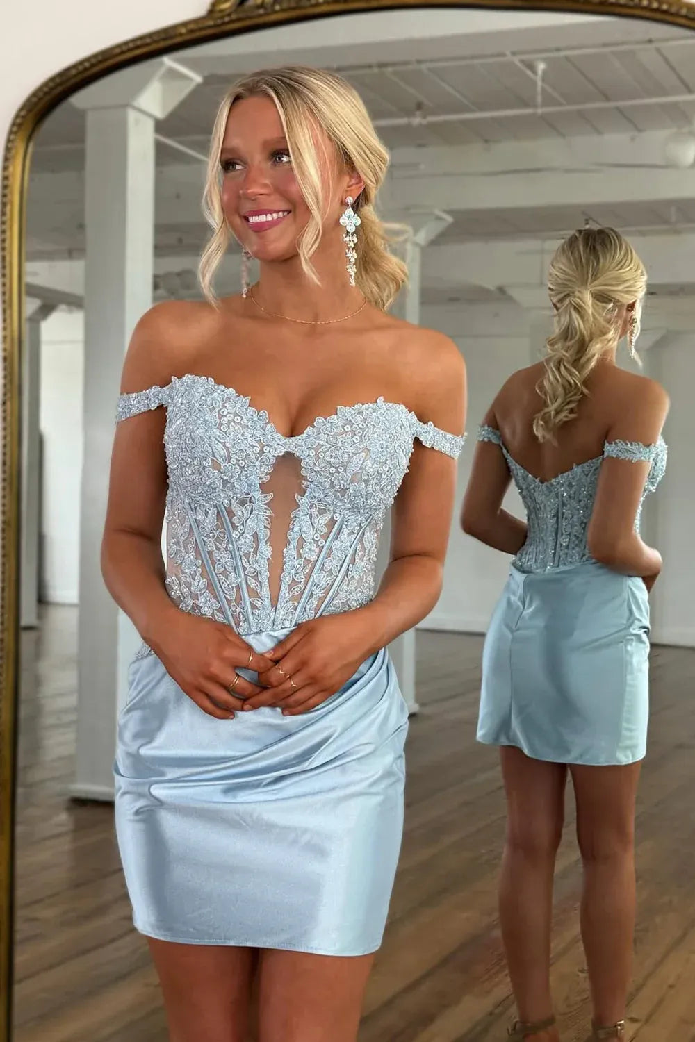 Soft Light Blue Bodycon Off Shoulder Short Sleeve V Zip Back Mini Homecoming Dress