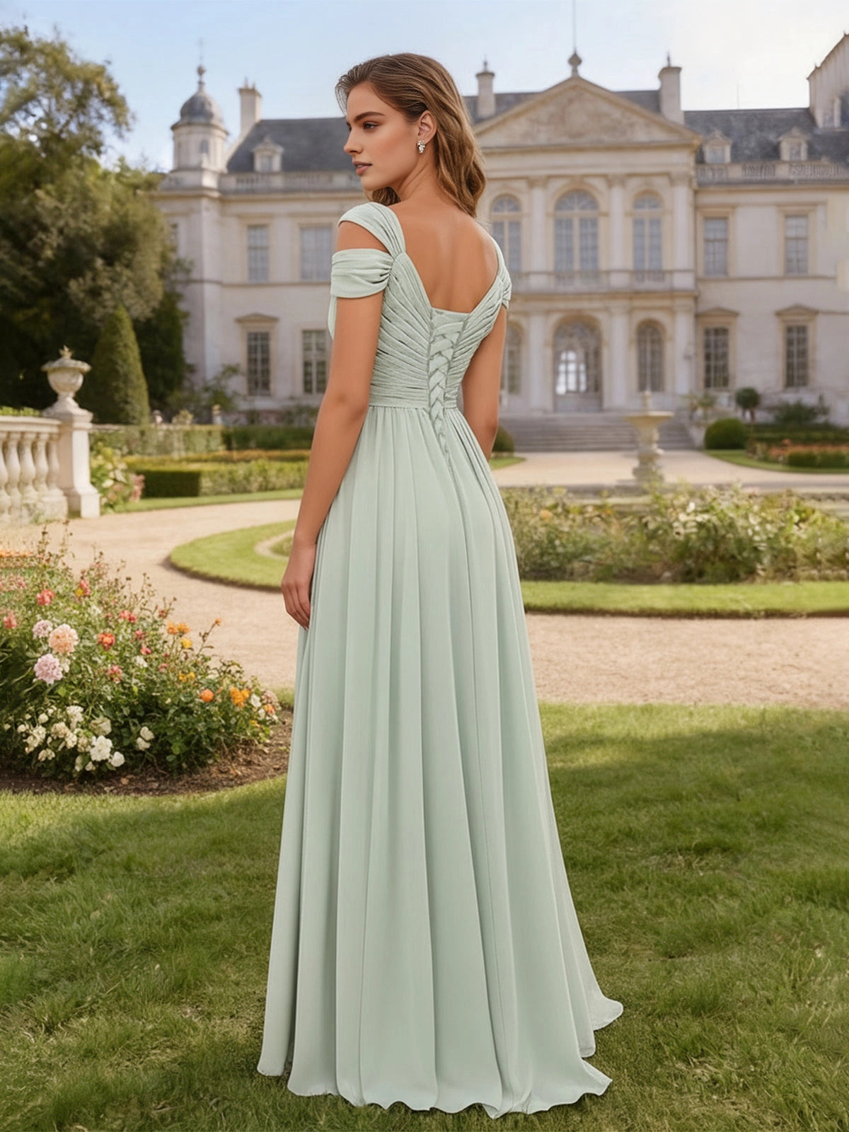Vedress heart lace‑up‑back off‑shoulder long bridesmaid dress back view
