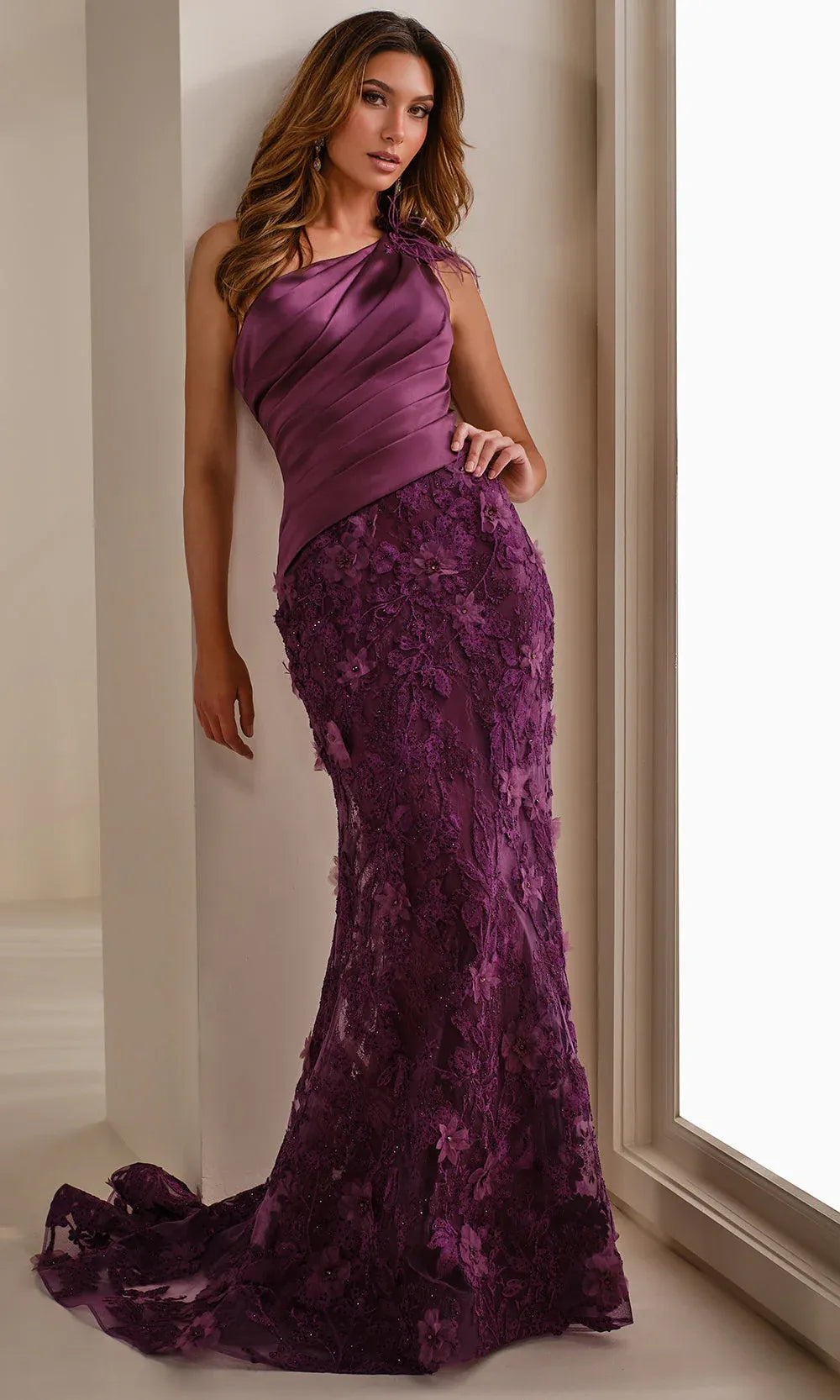 Sophisticated Mermaid OneShoulder Satin Lace Train Floral Evening Gown