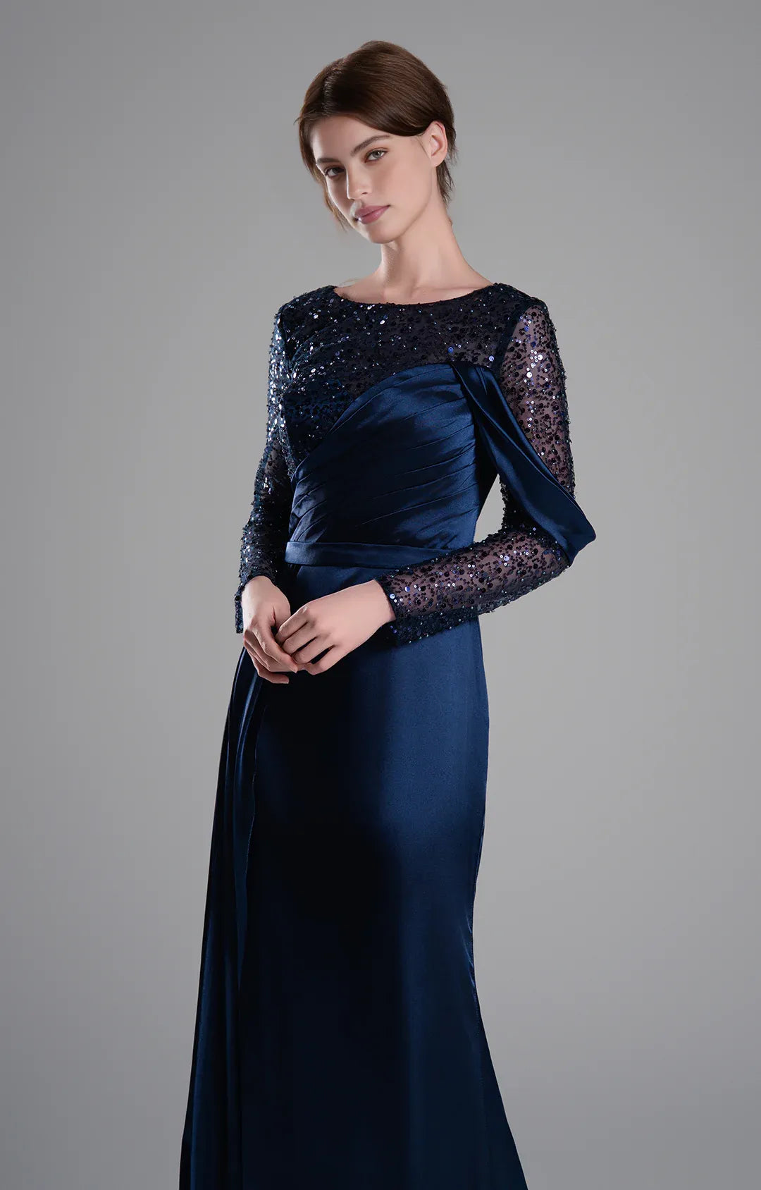 Sophisticated Mermaid Round Neck Long Sleeve Satin Floor Length Beaded Evening Dress