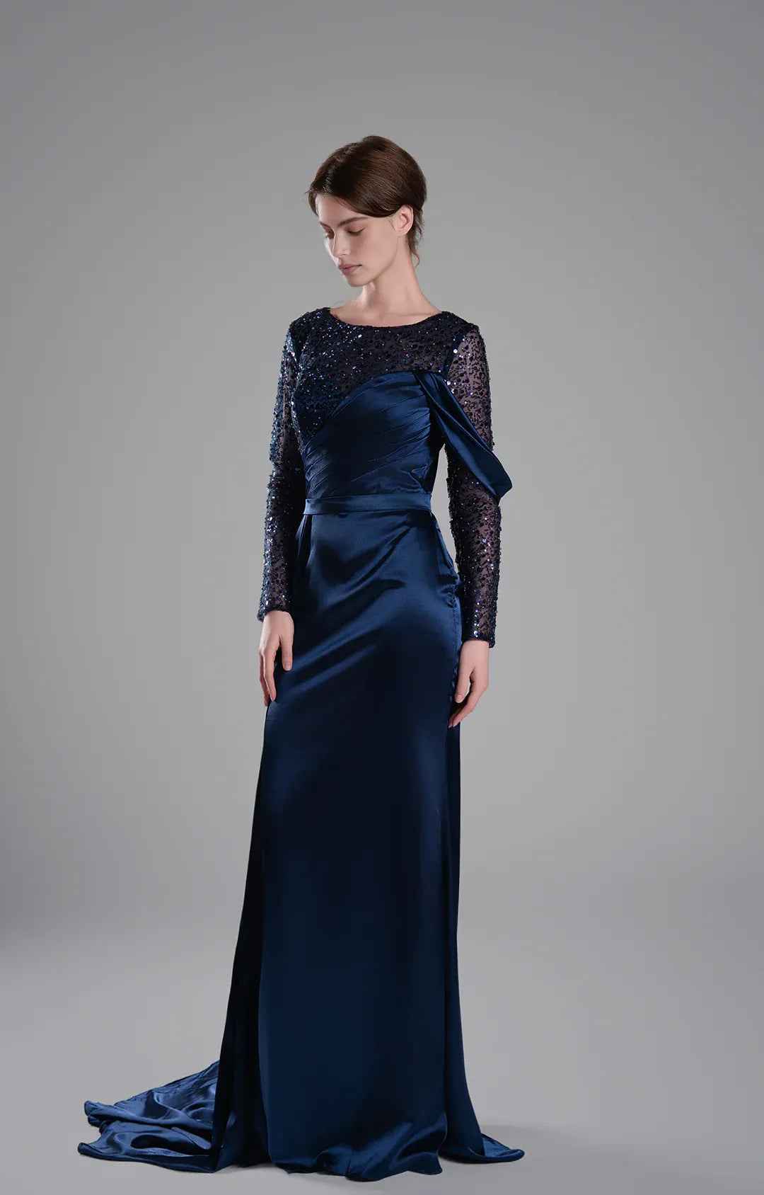 Sophisticated Mermaid Round Neck Long Sleeve Satin Floor Length Beaded Evening Dress