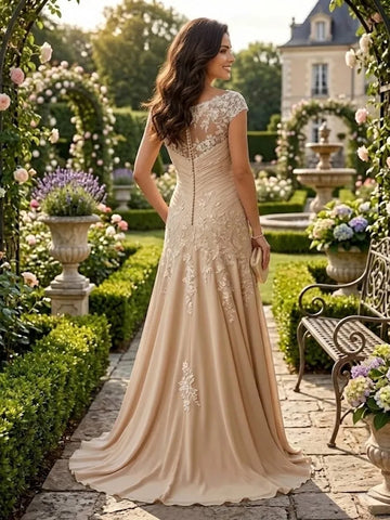 vedress champagne illusion back mother of the bride dress cap sleeve lace formal gown back view