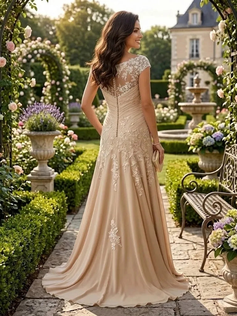 vedress champagne illusion back mother of the bride dress cap sleeve lace formal gown back view