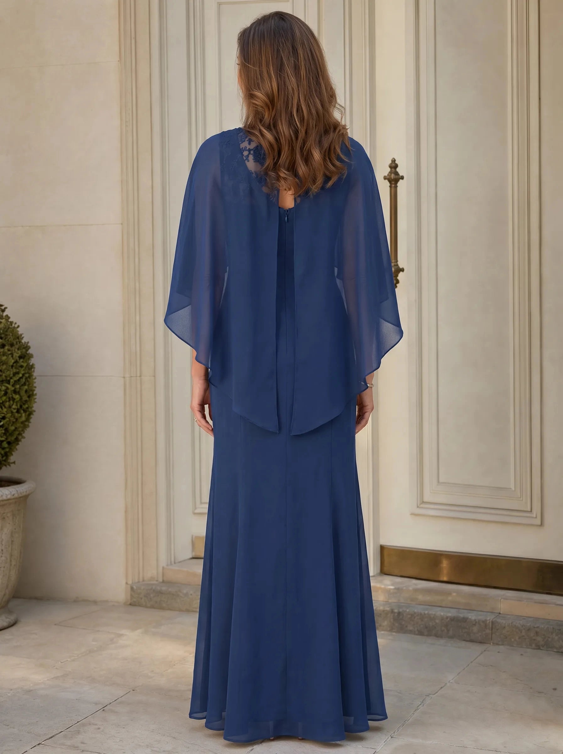 Keyhole‑back navy chiffon mermaid long mother of the bride evening dress