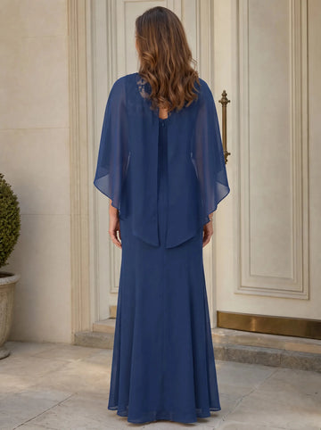 Keyhole‑back navy chiffon mermaid long mother of the bride evening dress