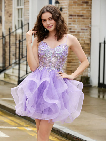 Cute A-line Spaghetti-Strap Beaded Corset Ruffled Tulle Short Homecoming Dress