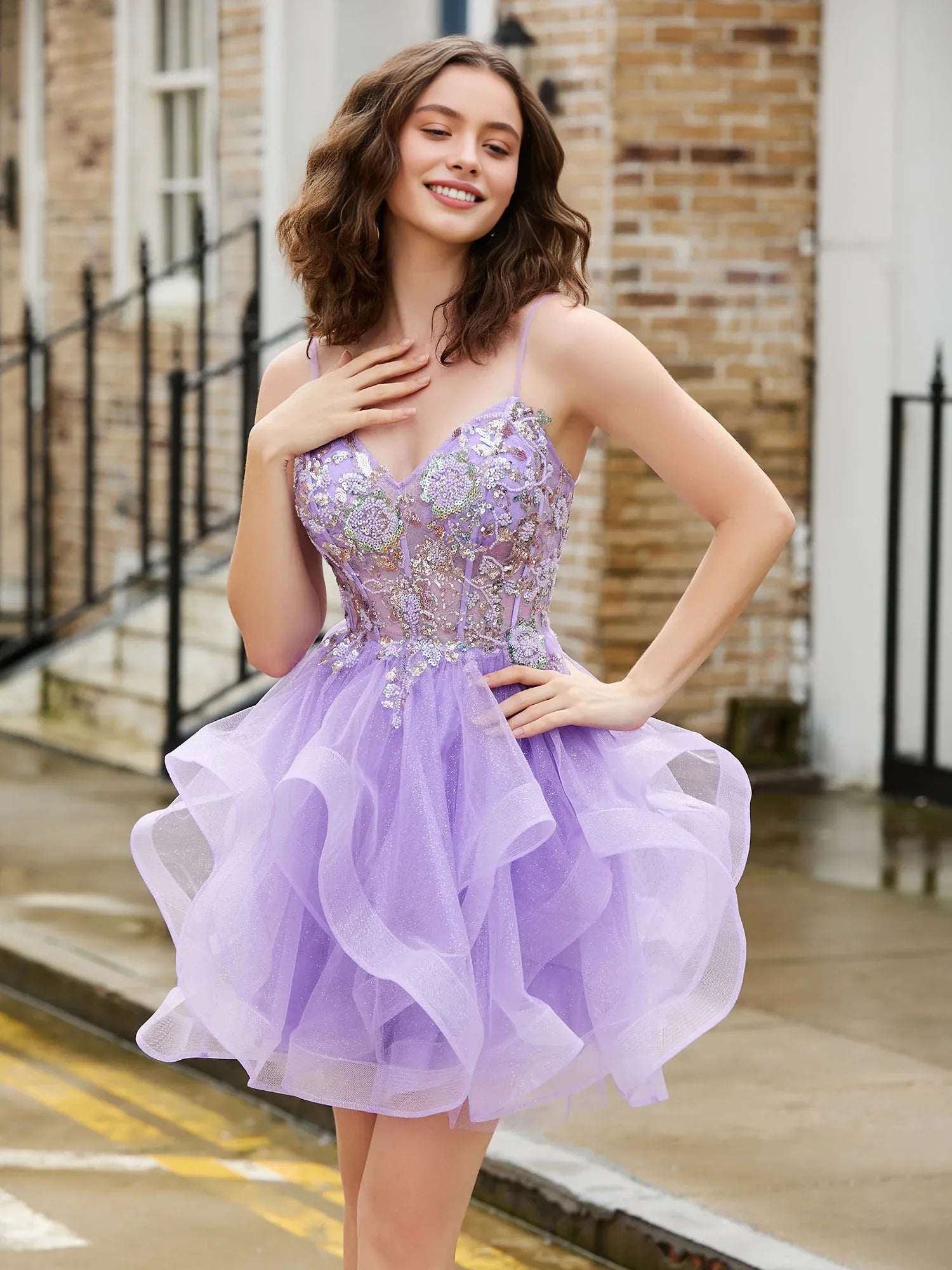 Cute A-line Spaghetti-Strap Beaded Corset Ruffled Tulle Short Homecoming Dress