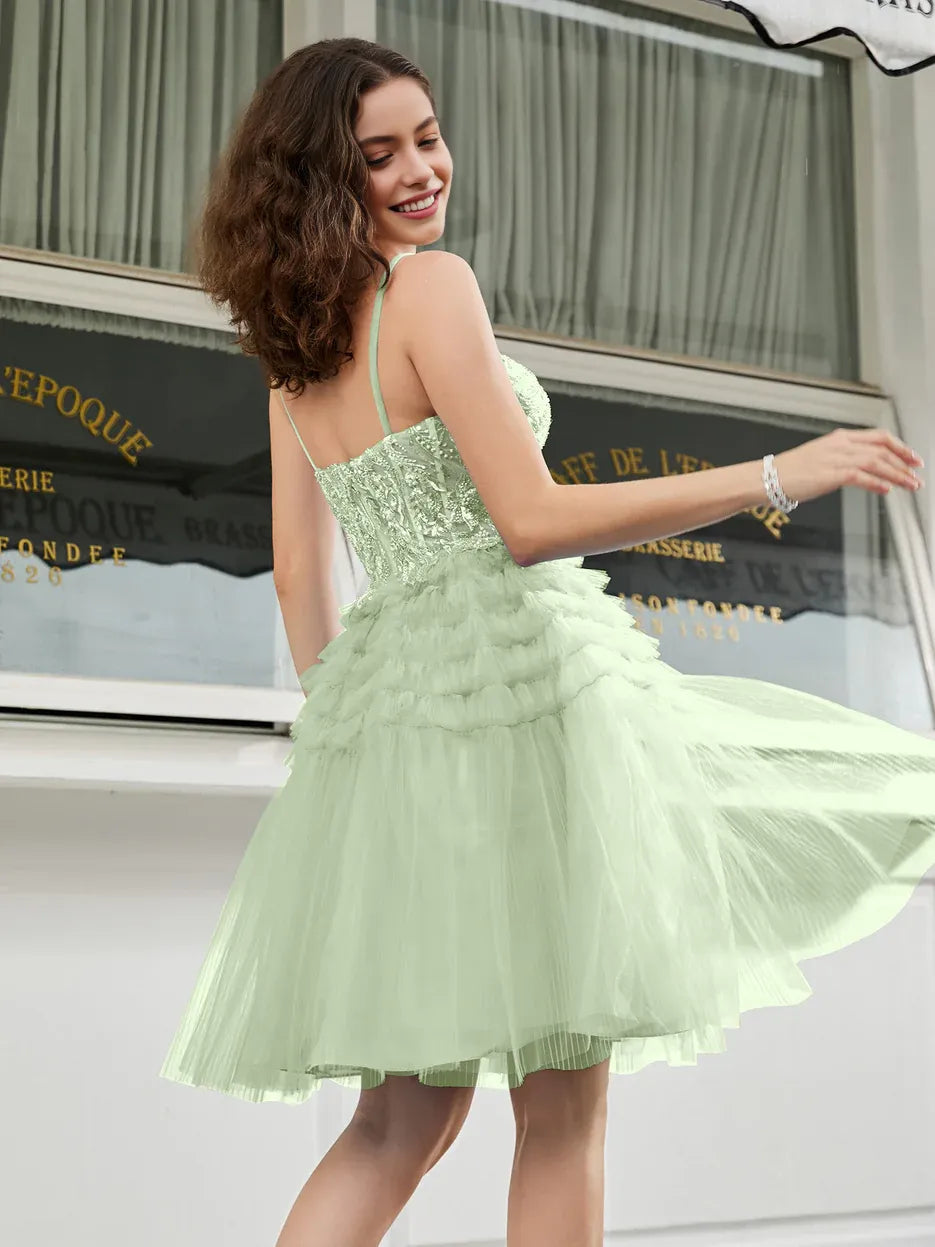 Spaghetti-Strap Beaded Tiered Tulle Short Homecoming Dress