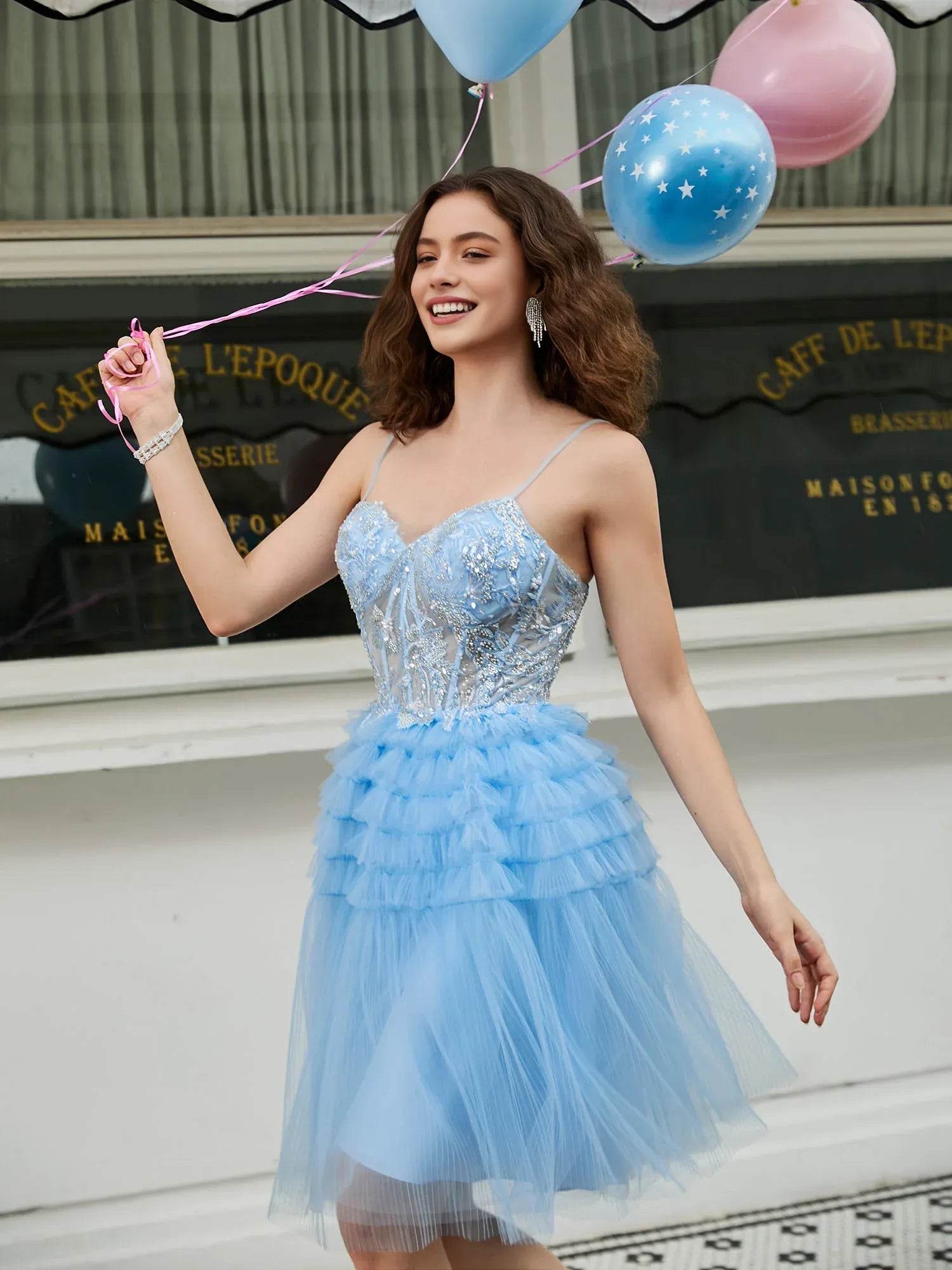 Spaghetti-Strap Beaded Tiered Tulle Short Homecoming Dress