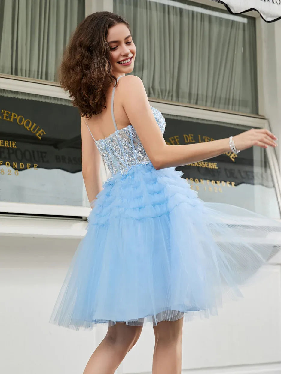 Spaghetti-Strap Beaded Tiered Tulle Short Homecoming Dress