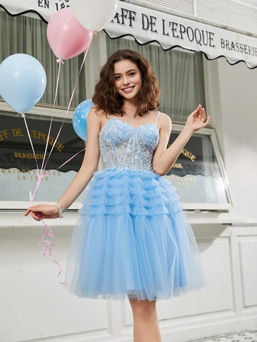 Spaghetti-Strap Beaded Tiered Tulle Short Homecoming Dress