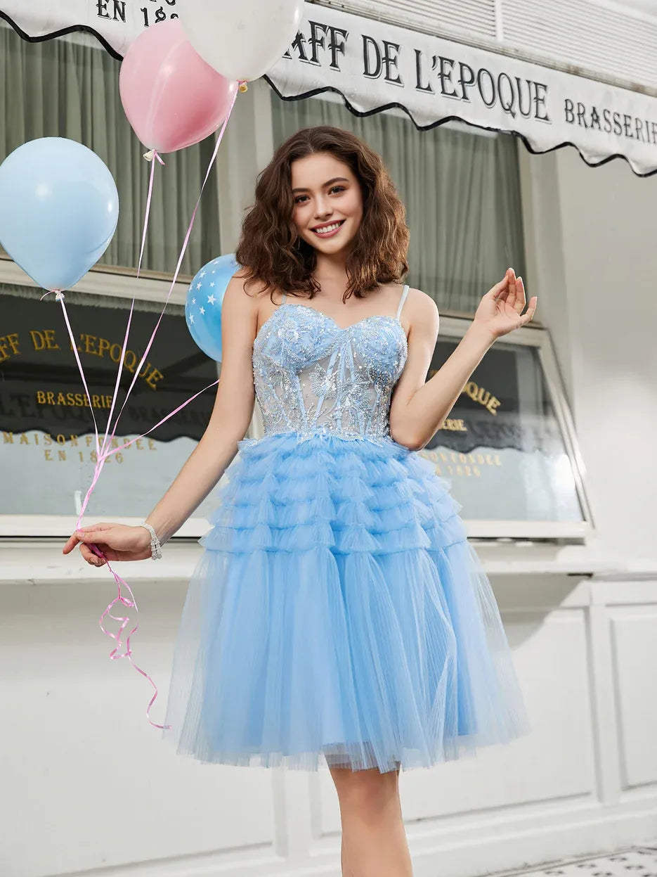 Spaghetti-Strap Beaded Tiered Tulle Short Homecoming Dress