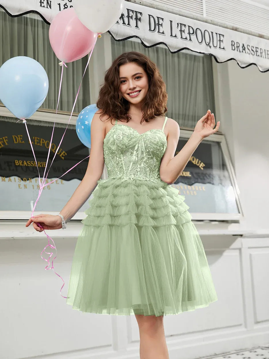 Spaghetti-Strap Beaded Tiered Tulle Short Homecoming Dress