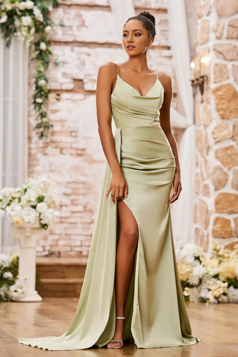 Spaghetti Strap Cowl Neck Satin Mermaid Evening Dress Slit Formal Gown