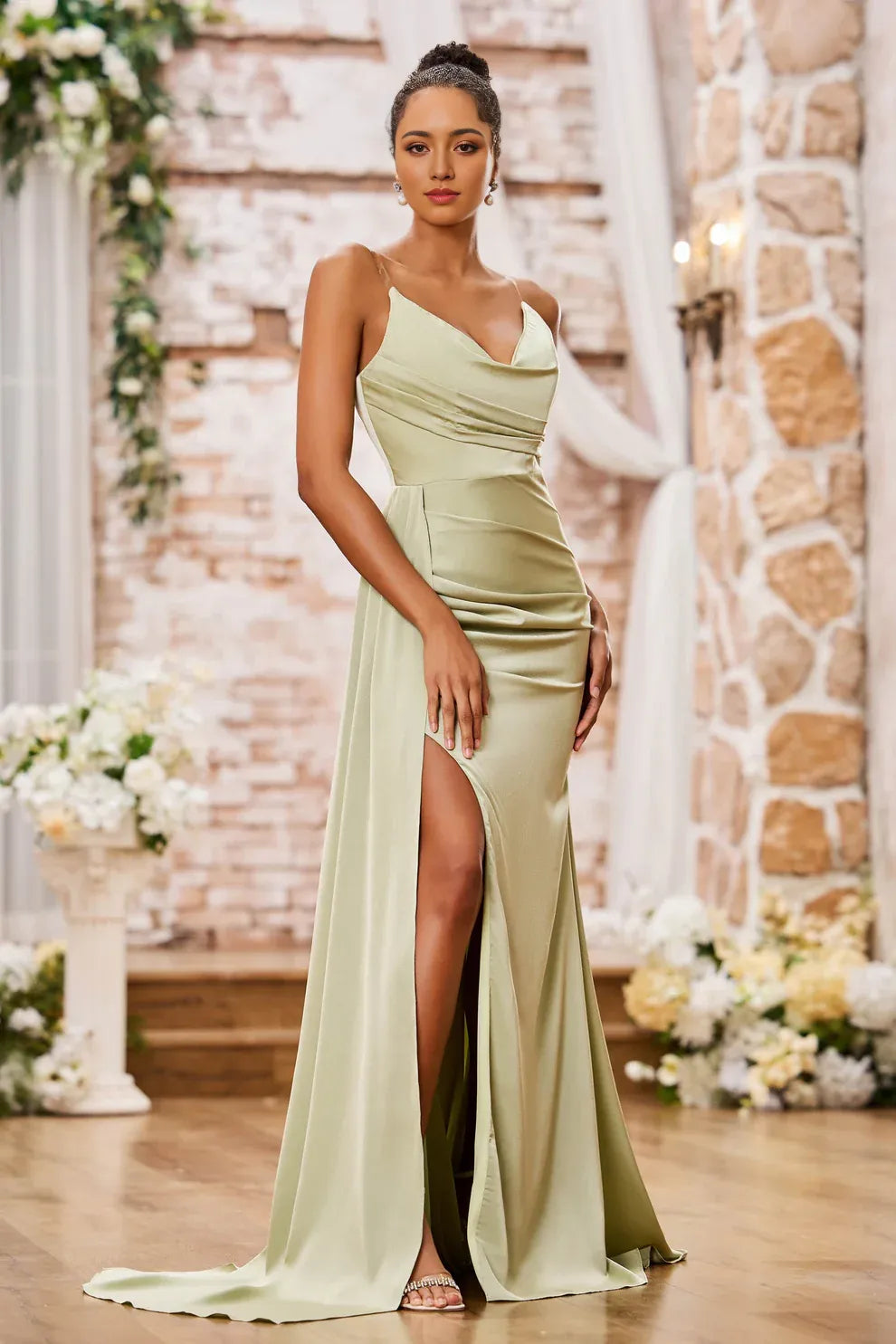 Spaghetti Strap Cowl Neck Satin Mermaid Evening Dress Slit Formal Gown