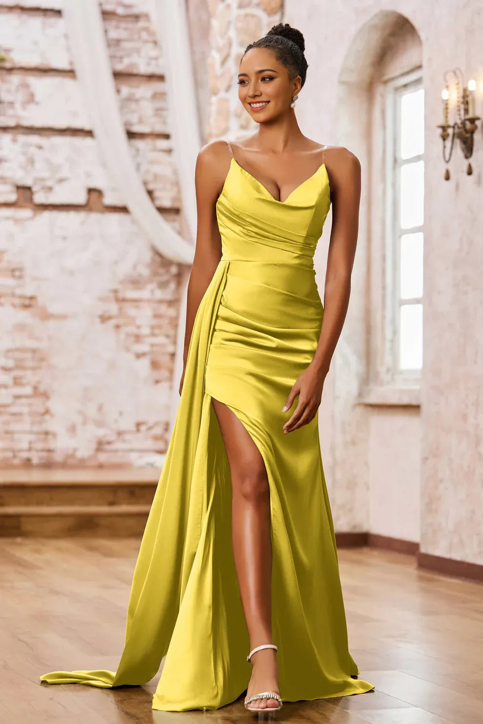 Spaghetti Strap Cowl Neck Satin Mermaid Evening Dress Slit Formal Gown