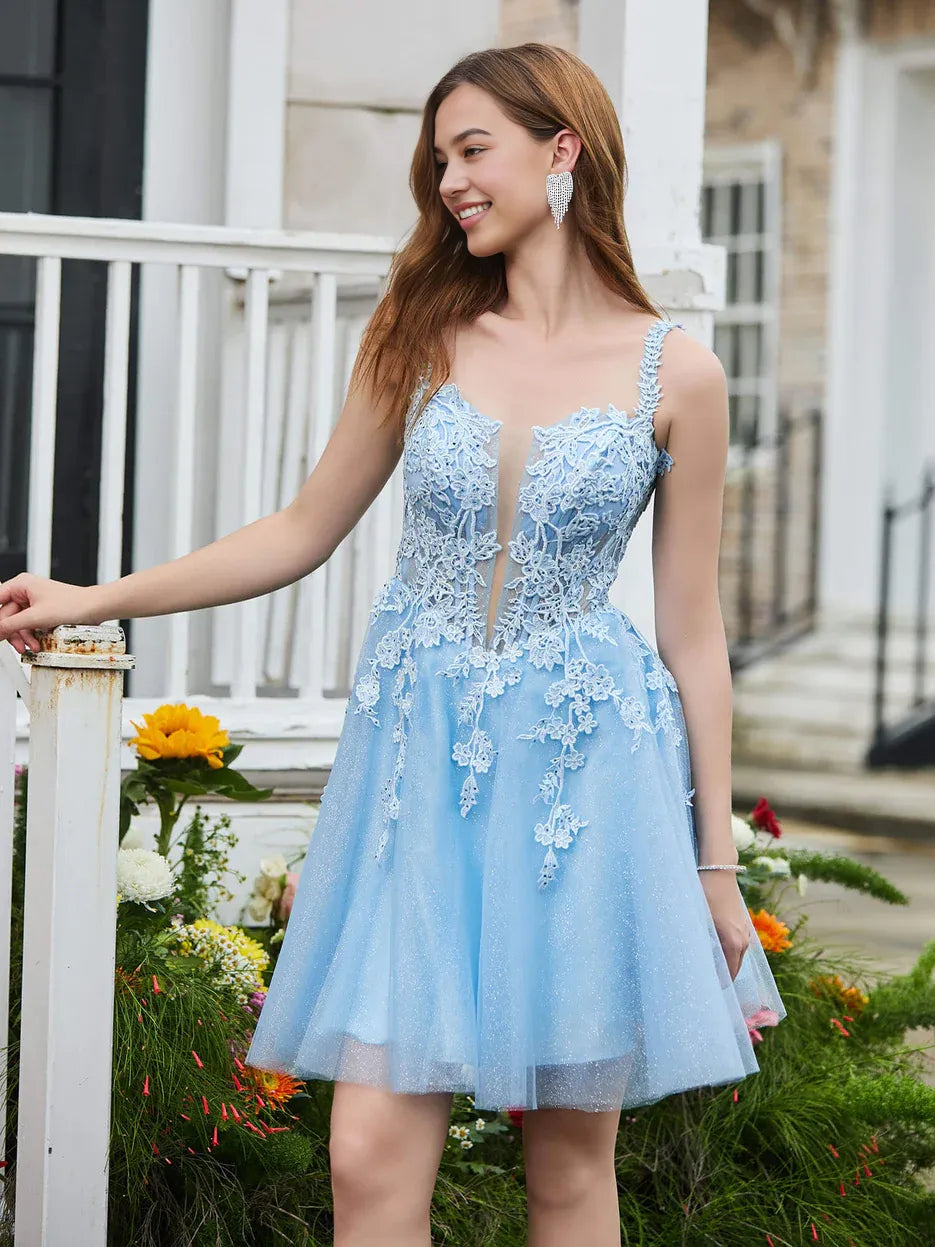 Spaghetti-Strap Floral-Lace Appliqued Glitter-Tulle A-Line Plunge Neck Short Homecoming Dress