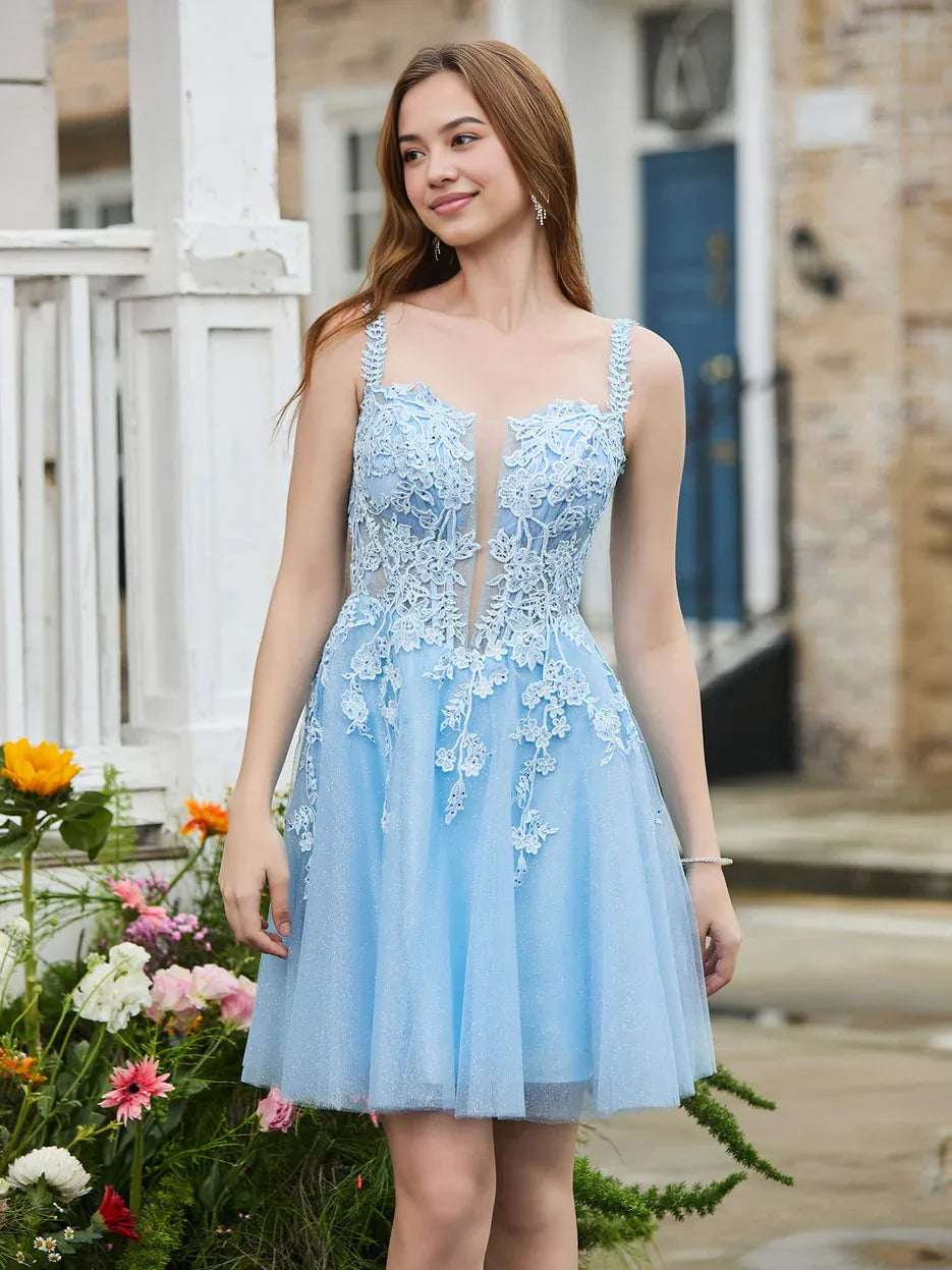 Spaghetti-Strap Floral-Lace Appliqued Glitter-Tulle A-Line Plunge Neck Short Homecoming Dress