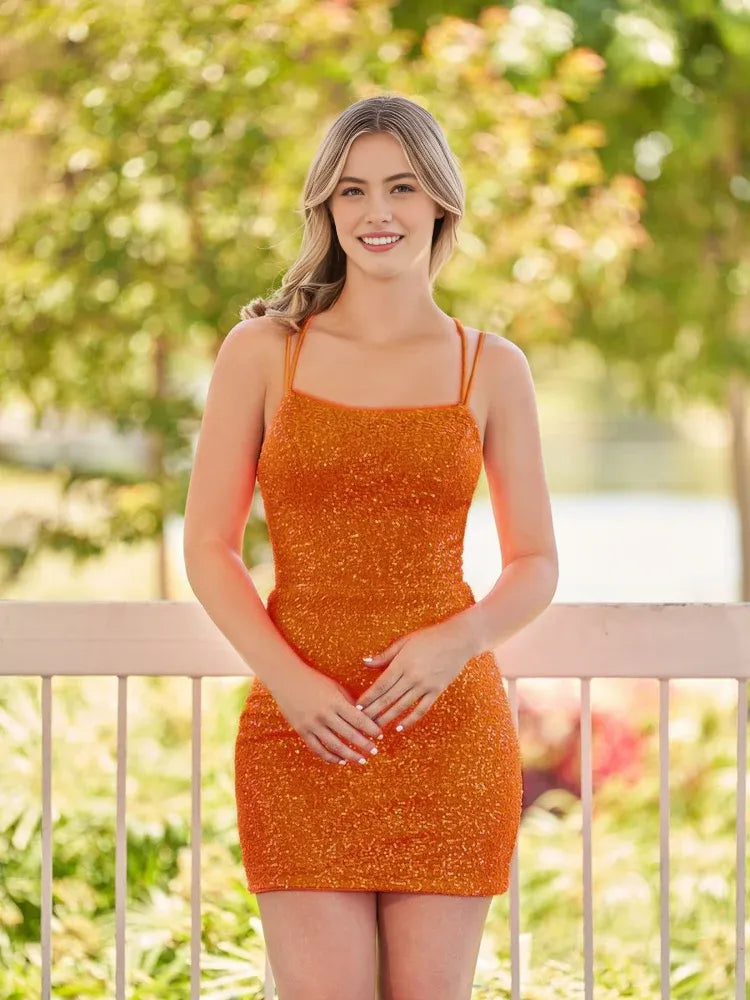 Sparkling Bodycon Spaghetti Strap Sequin Mini Lace Up Homecoming Dress