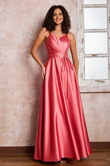 Spaghetti Strap V-Neck Satin A-Line Floor Length Formal Gown