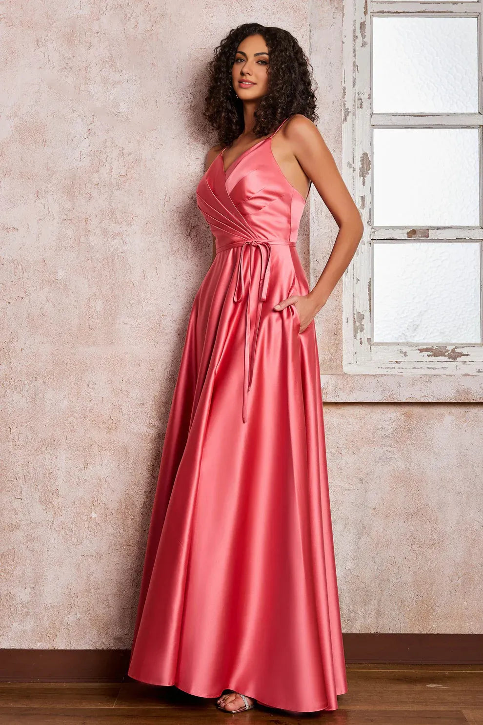 Spaghetti Strap V-Neck Satin A-Line Floor Length Formal Gown