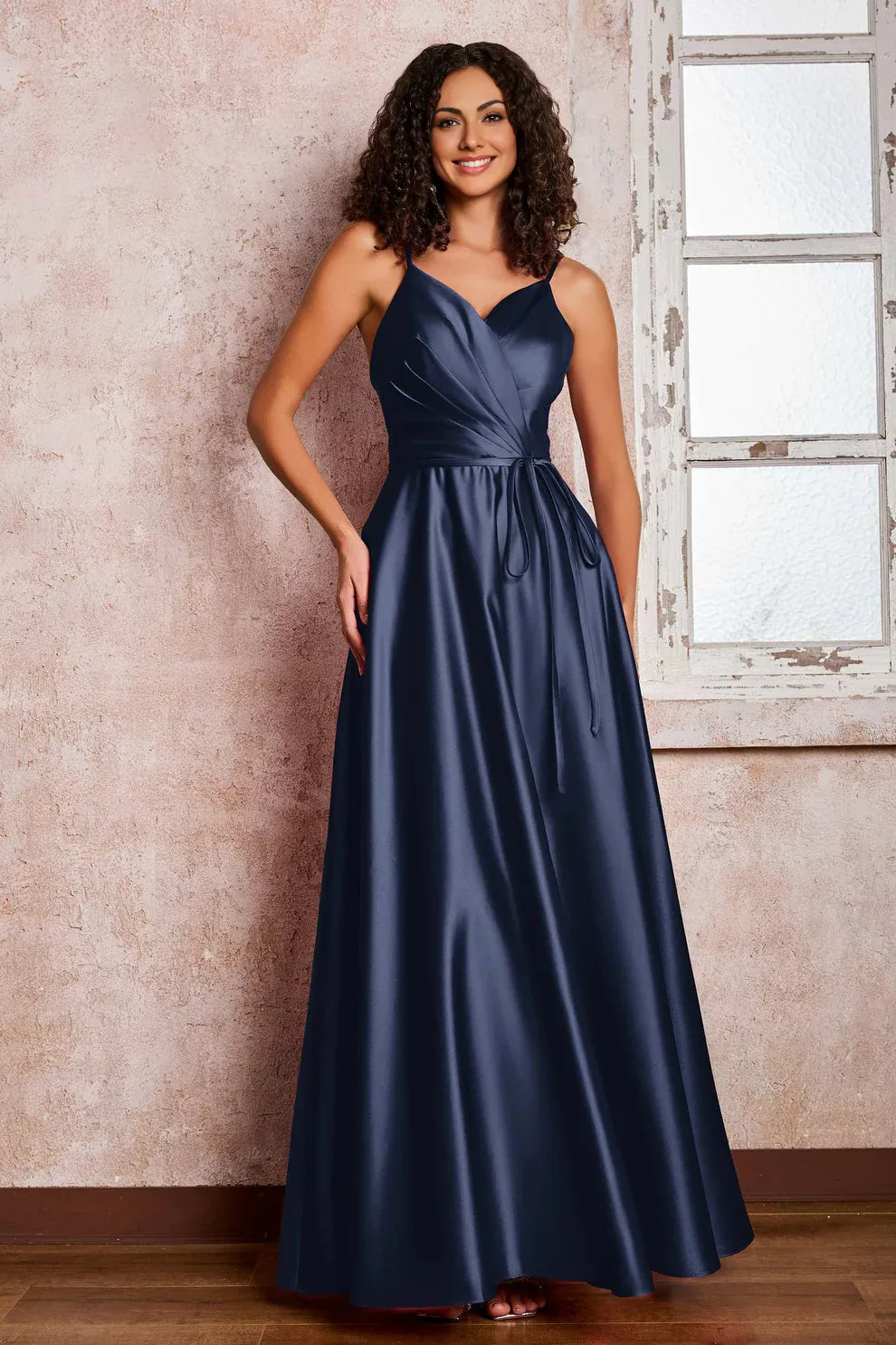 Spaghetti Strap V-Neck Satin A-Line Floor Length Formal Gown