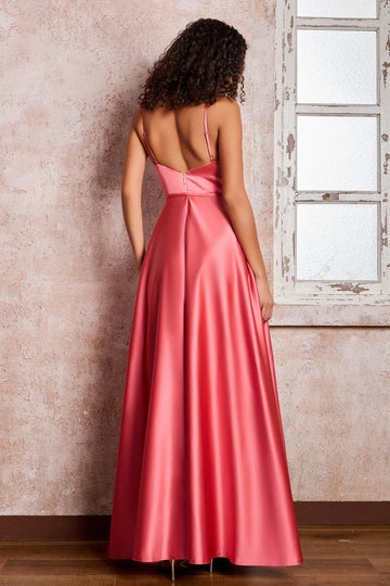 Spaghetti Strap V-Neck Satin A-Line Floor Length Formal Gown