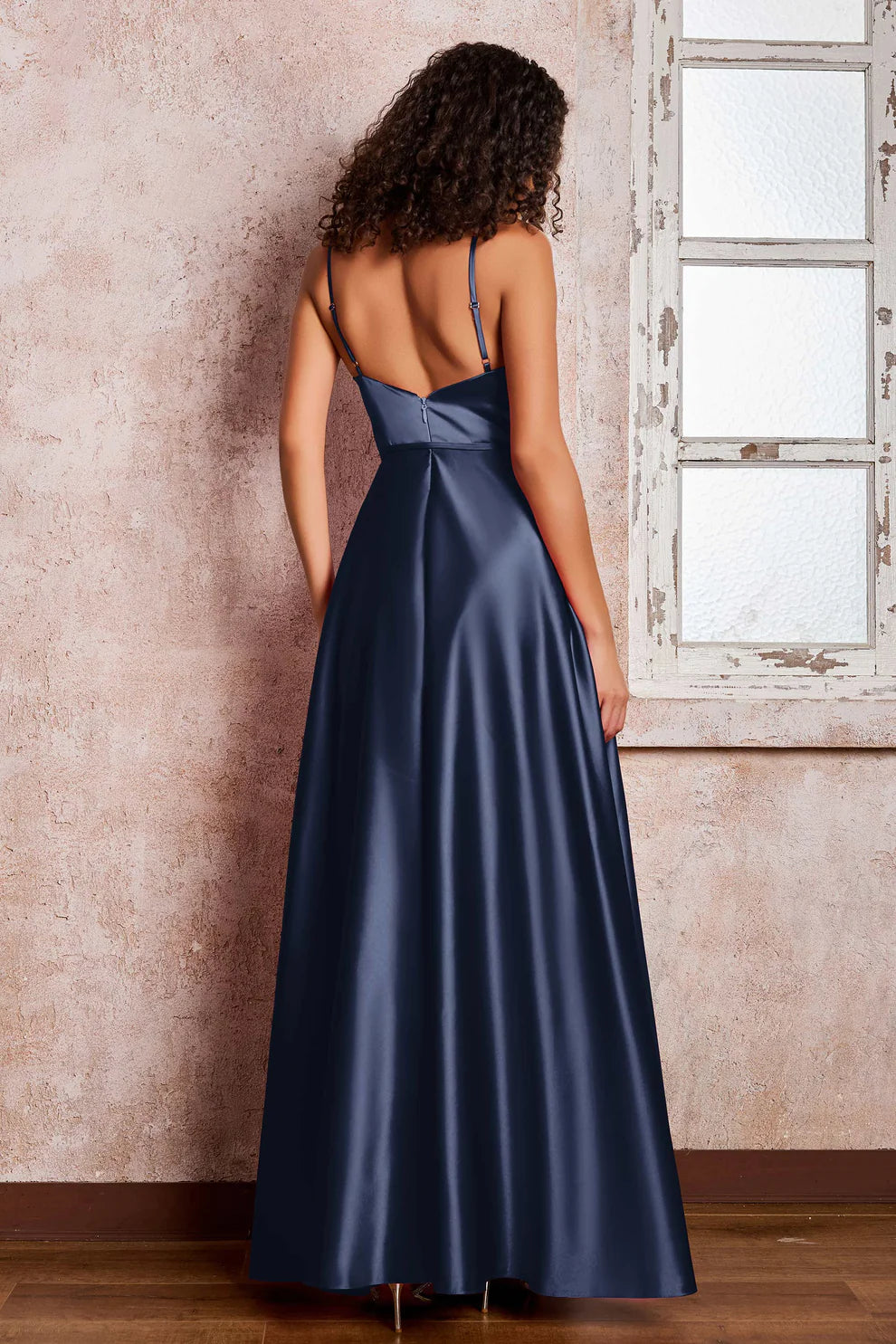 Spaghetti Strap V-Neck Satin A-Line Floor Length Formal Gown