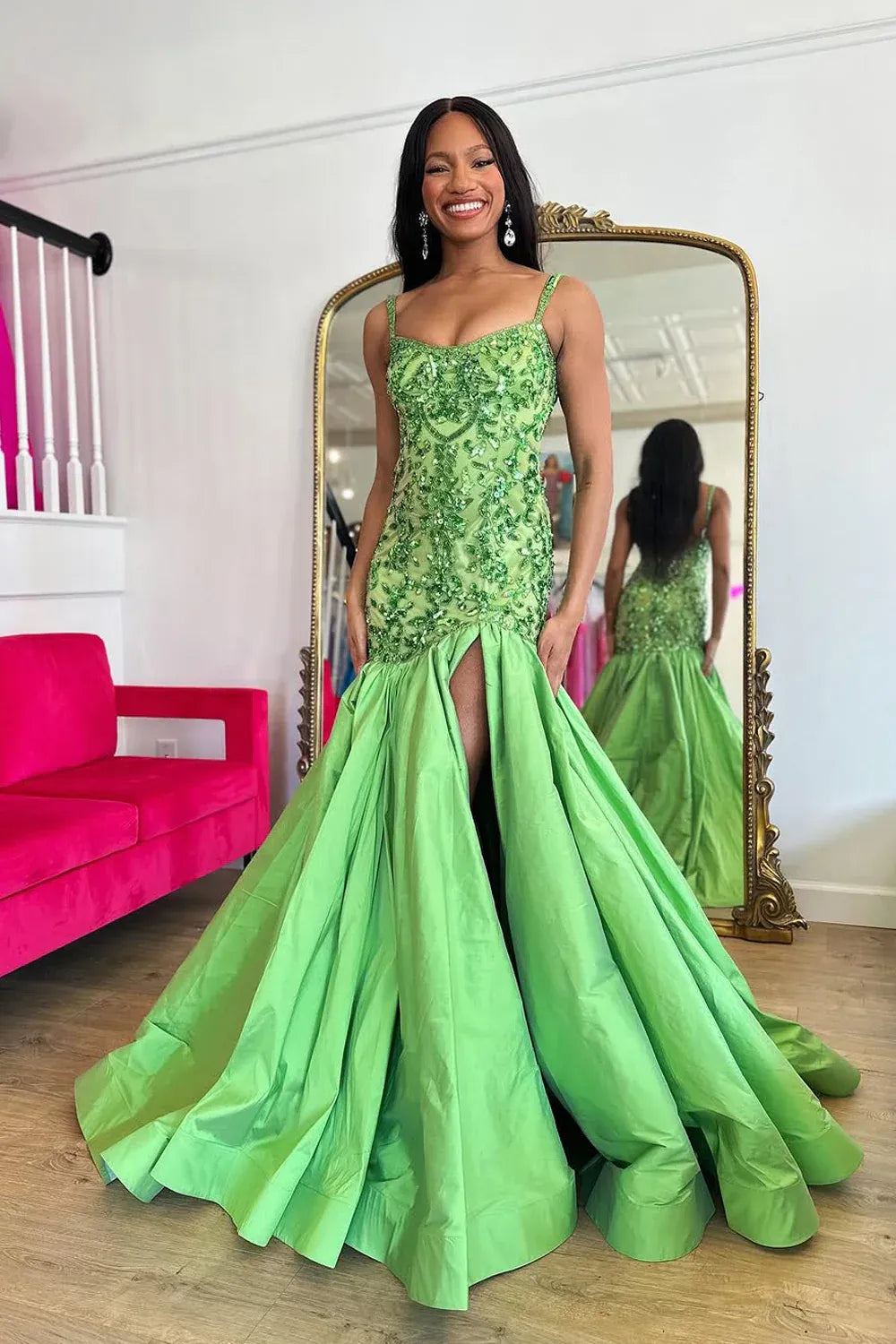 Spaghetti Strap Allover Beaded Sequin Lace Taffeta Mermaid High Slit Sweep Train Prom Evening Gown