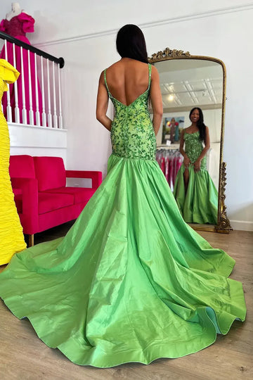 Spaghetti Strap Allover Beaded Sequin Lace Taffeta Mermaid High Slit Sweep Train Prom Evening Gown