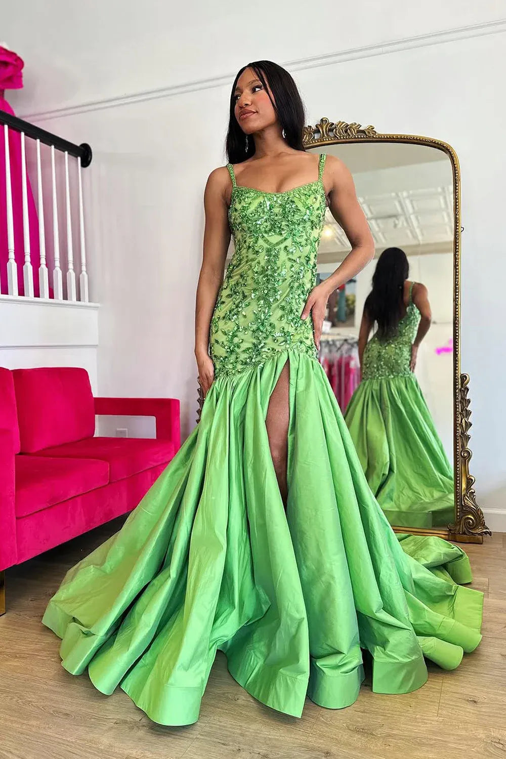 Spaghetti Strap Allover Beaded Sequin Lace Taffeta Mermaid High Slit Sweep Train Prom Evening Gown