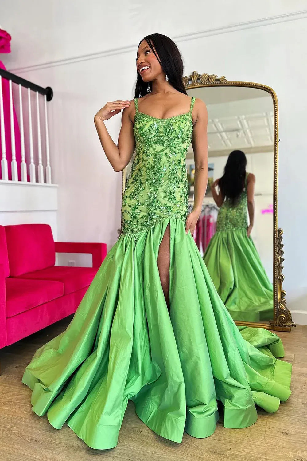 Spaghetti Strap Allover Beaded Sequin Lace Taffeta Mermaid High Slit Sweep Train Prom Evening Gown