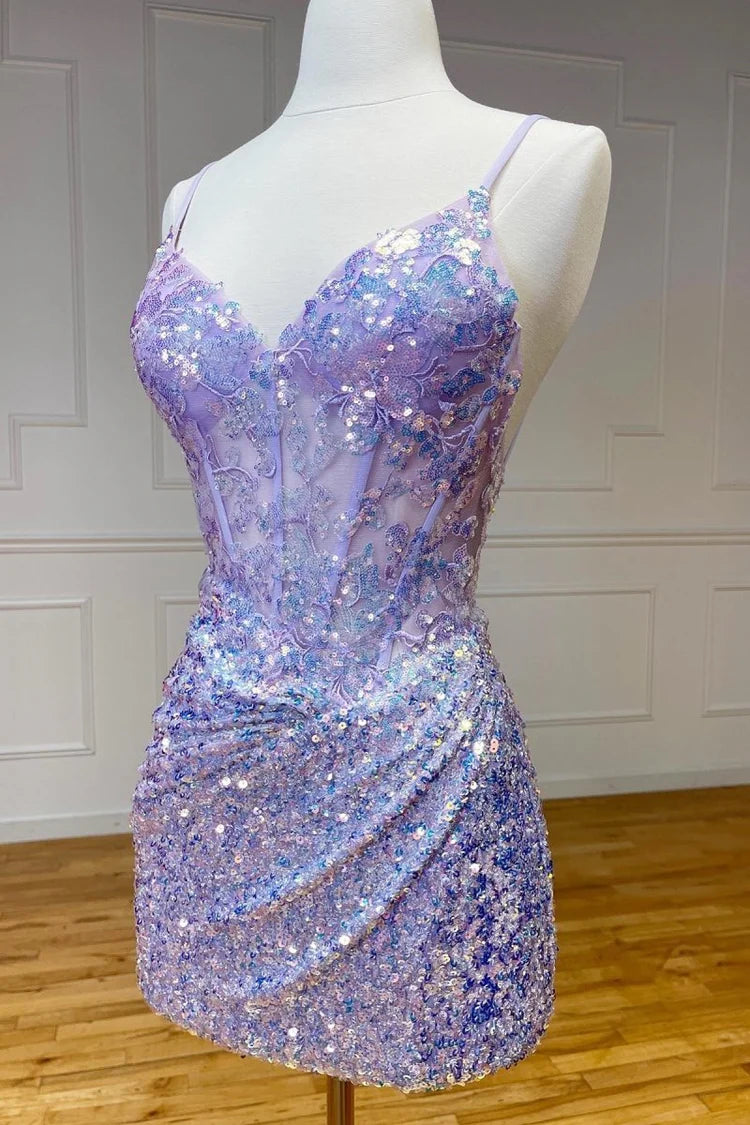 Bodycon V Neck Sequin Lace Corset Short Slit Homecoming Dress