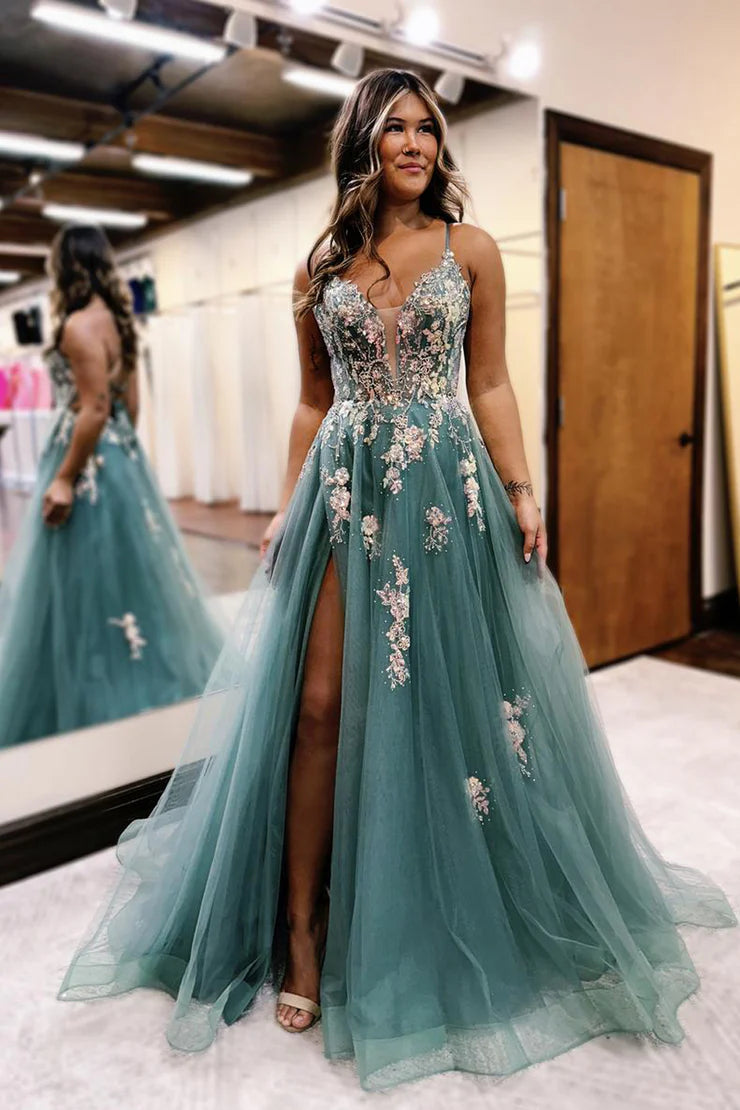 Spaghetti Strap Deep V Floral Sequin Lace Appliqué Crisscross Lace-Up Back Tulle A-Line High Slit Prom Gown