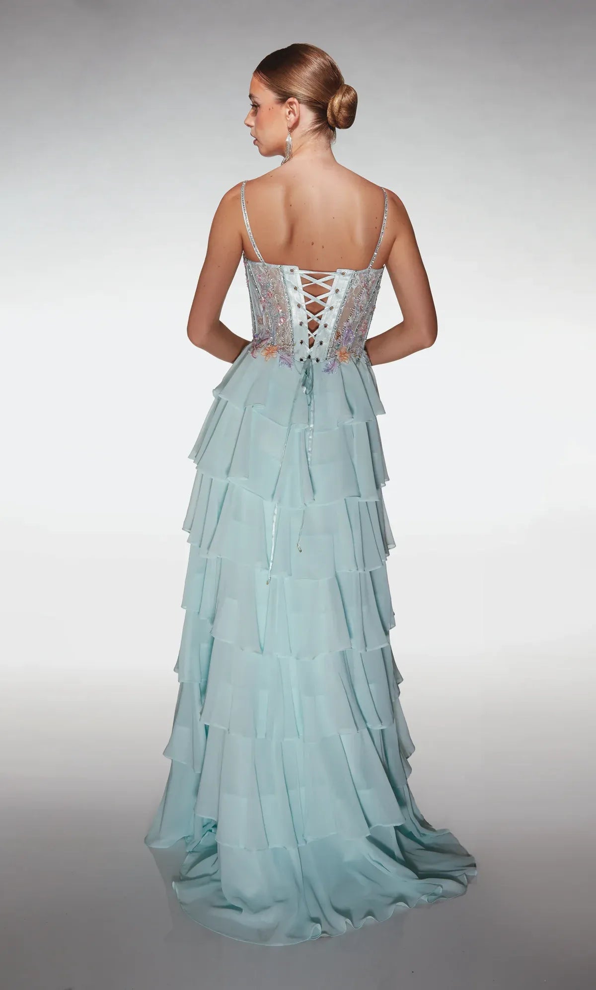 Spaghetti Strap Floral Beaded Corset Gown Tiered Chiffon Plunge Neck Prom Dress