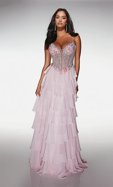 Spaghetti Strap Floral Beaded Corset Gown Tiered Chiffon Plunge Neck Prom Dress