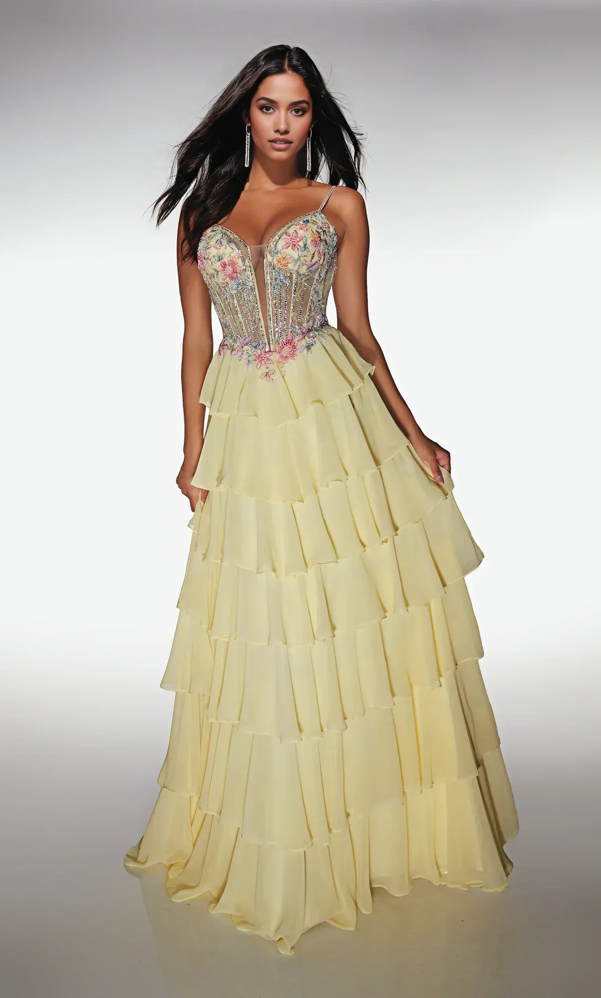 Spaghetti Strap Floral Beaded Corset Gown Tiered Chiffon Plunge Neck Prom Dress