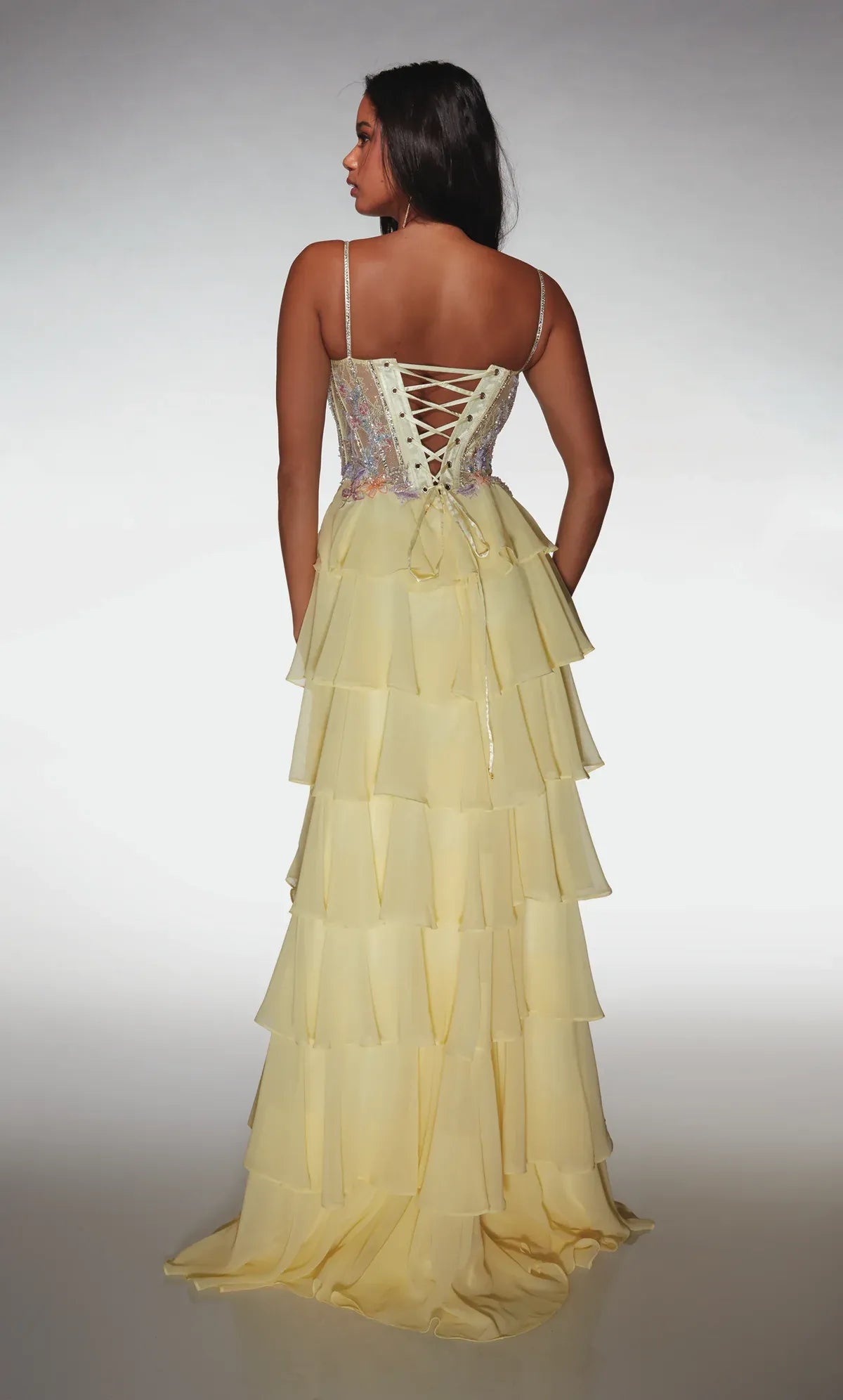 Spaghetti Strap Floral Beaded Corset Gown Tiered Chiffon Plunge Neck Prom Dress