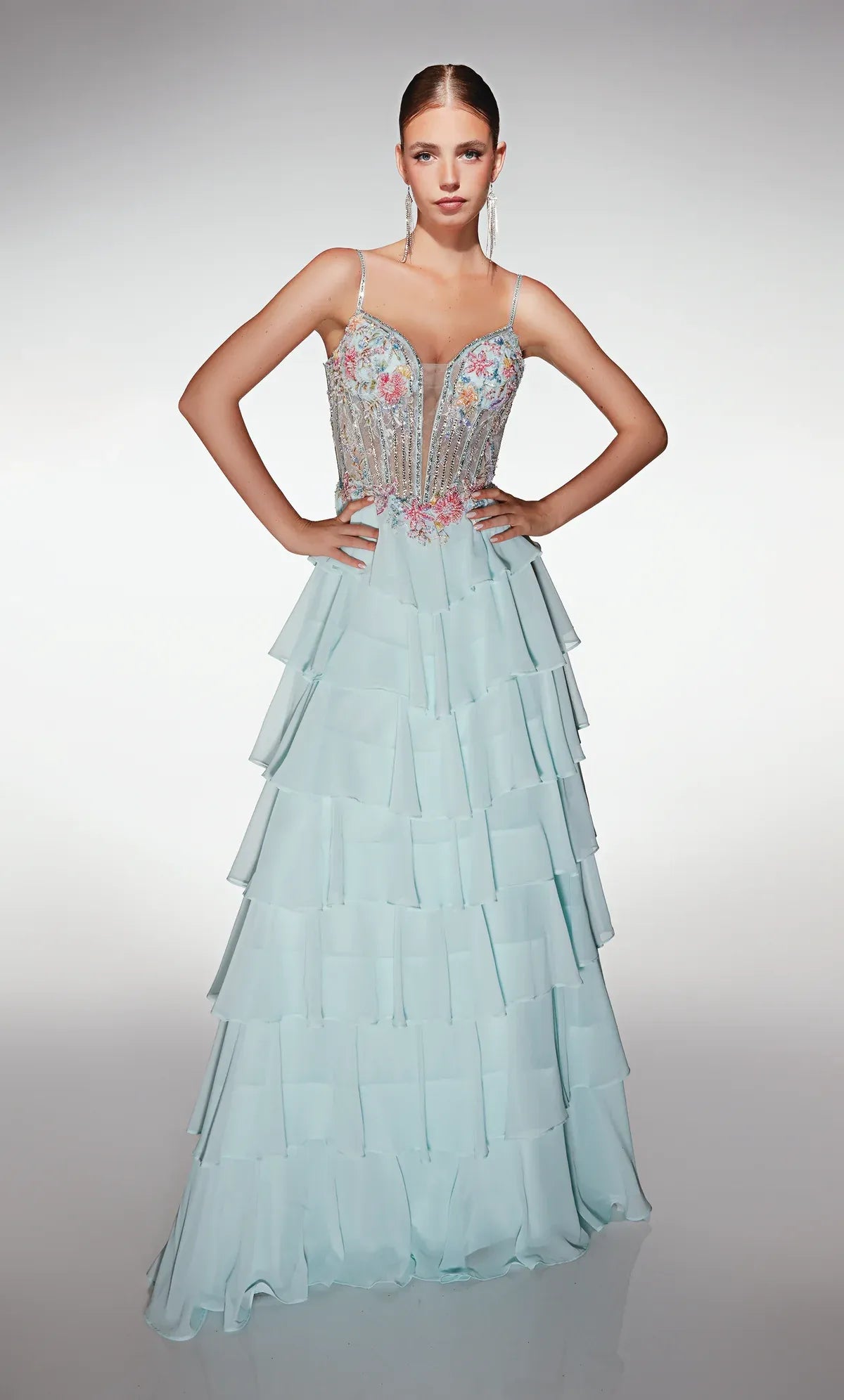 Spaghetti Strap Floral Beaded Corset Gown Tiered Chiffon Plunge Neck Prom Dress