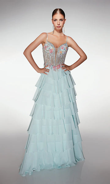 Spaghetti Strap Floral Beaded Corset Gown Tiered Chiffon Plunge Neck Prom Dress