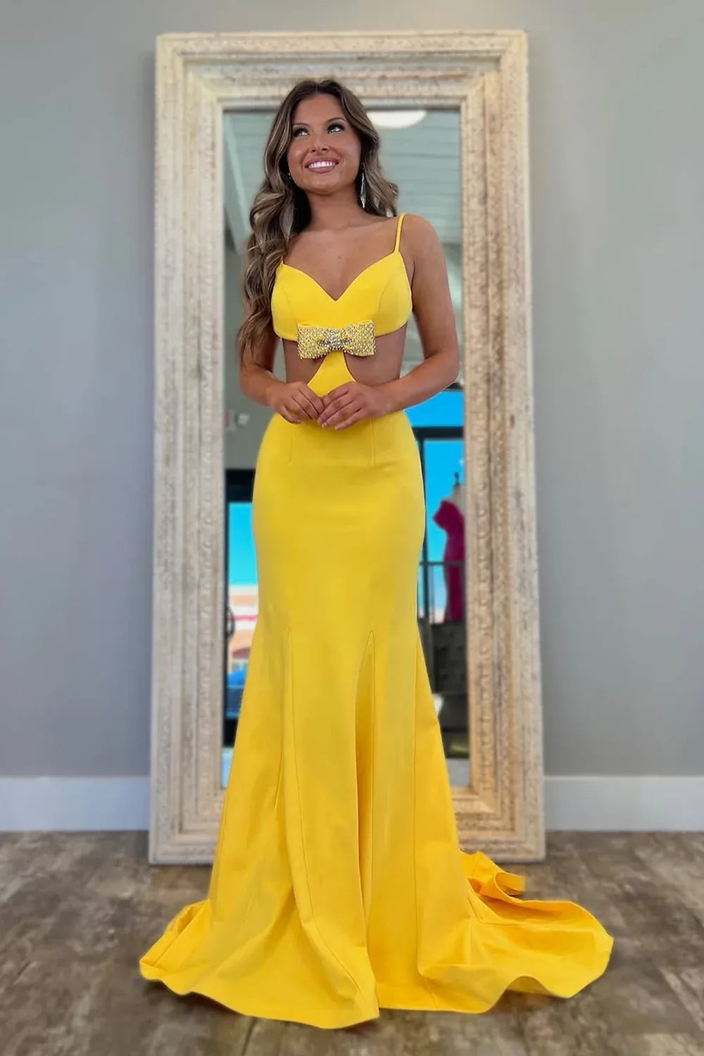 Spaghetti Strap Rhinestone Bow Waist Cutout Mermaid Formal Prom Evening Gown