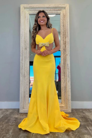 Spaghetti Strap Rhinestone Bow Waist Cutout Mermaid Formal Prom Evening Gown