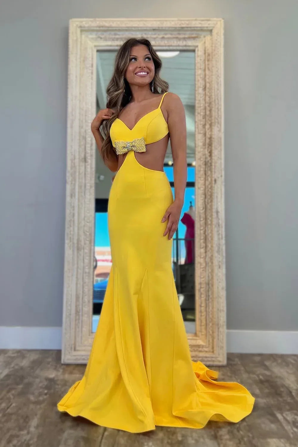 Spaghetti Strap Rhinestone Bow Waist Cutout Mermaid Formal Prom Evening Gown