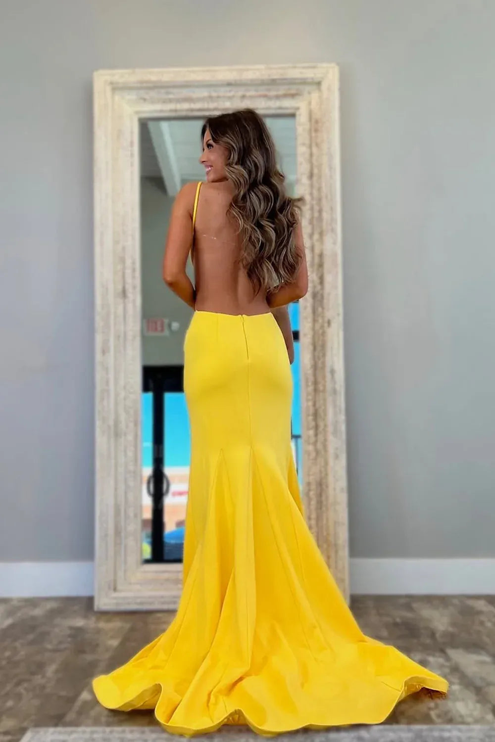 Spaghetti Strap Rhinestone Bow Waist Cutout Mermaid Formal Prom Evening Gown