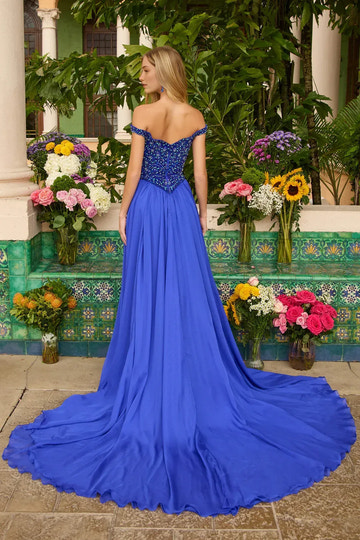 Sparkling A-Line Off-Shoulder Short-Sleeve Chiffon Long Train Slit Evening Dress