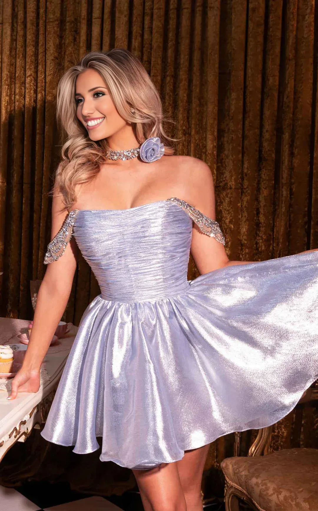 Sparkling A-Line Off-the-Shoulder Short Sleeve Metallic Short Dress With Rhinestones Homecoming Dress