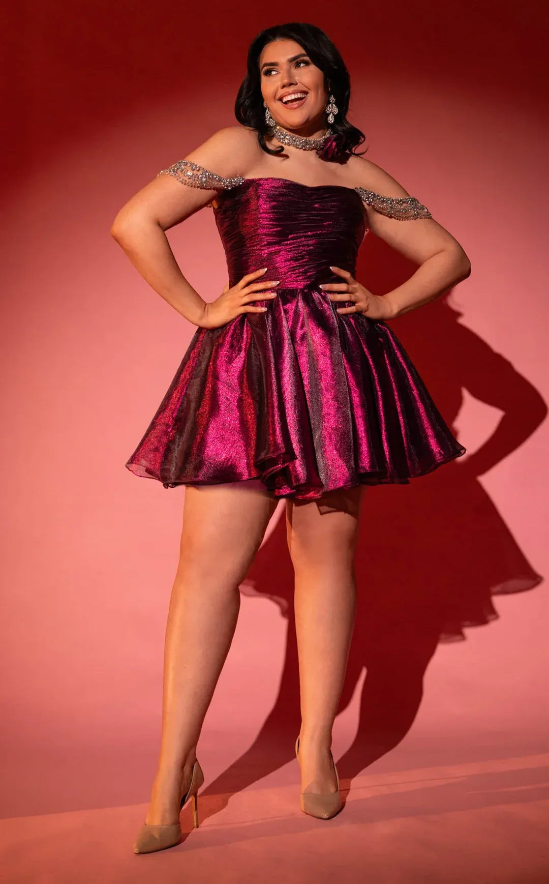 Sparkling A-Line Off-the-Shoulder Short Sleeve Metallic Short Dress With Rhinestones Homecoming Dress
