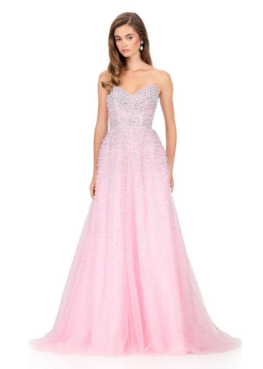 Vestido de Fiesta Largo con Corsé Fruncido, Escote Corazón, Tirantes, Tul, Línea A y Cuentas Brillantes