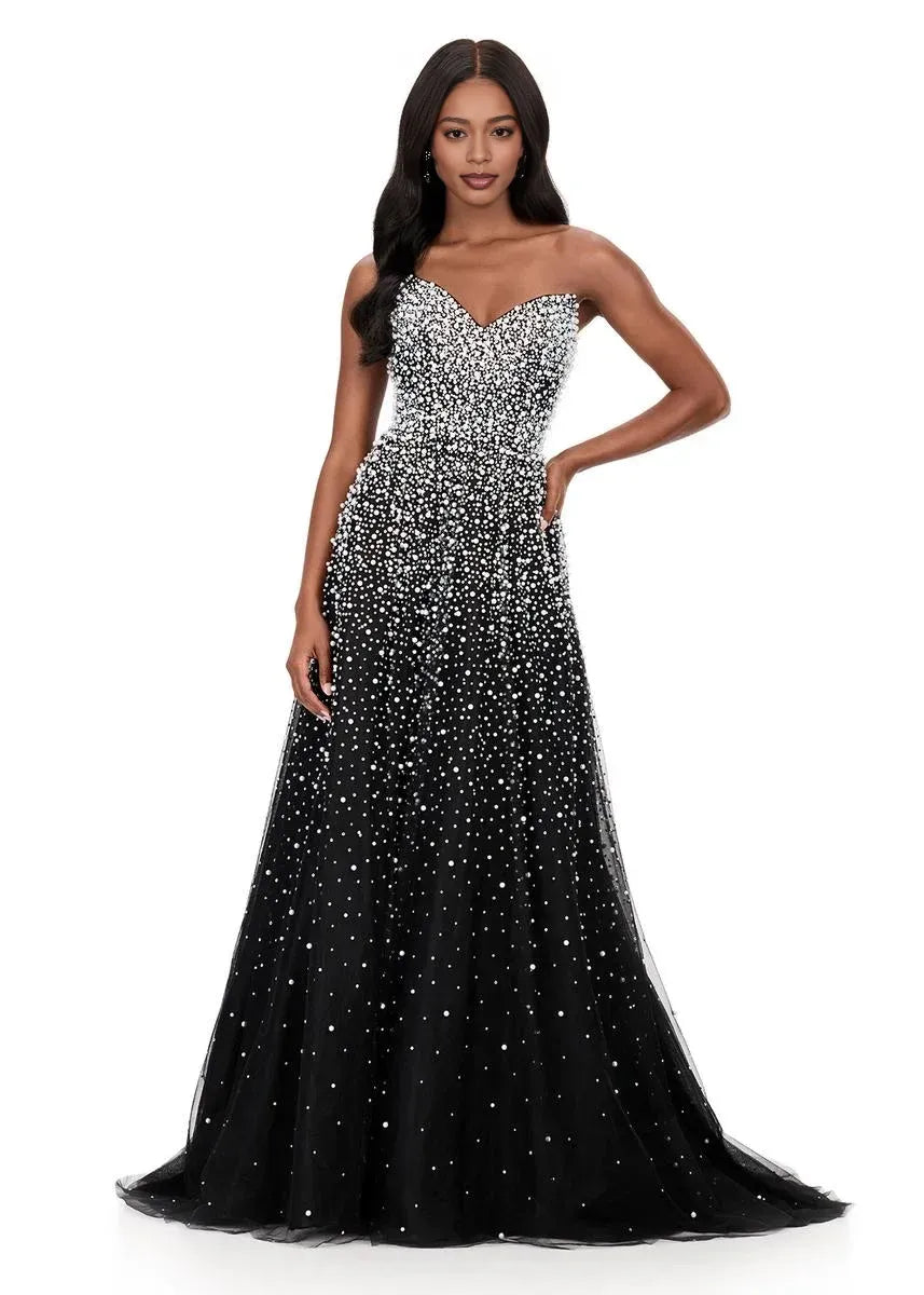Vestido de Fiesta Largo con Corsé Fruncido, Escote Corazón, Tirantes, Tul, Línea A y Cuentas Brillantes