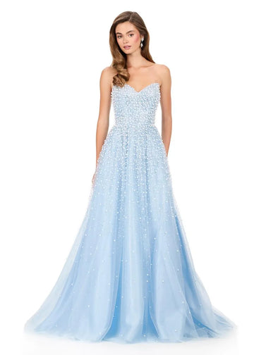 Sparkling A Line Strapless Sweetheart Tulle Long Beaded Corset Prom Dress